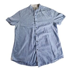 Report Collection Shirt Mens Large Blue Linen Blend Band Collar Summer Beach